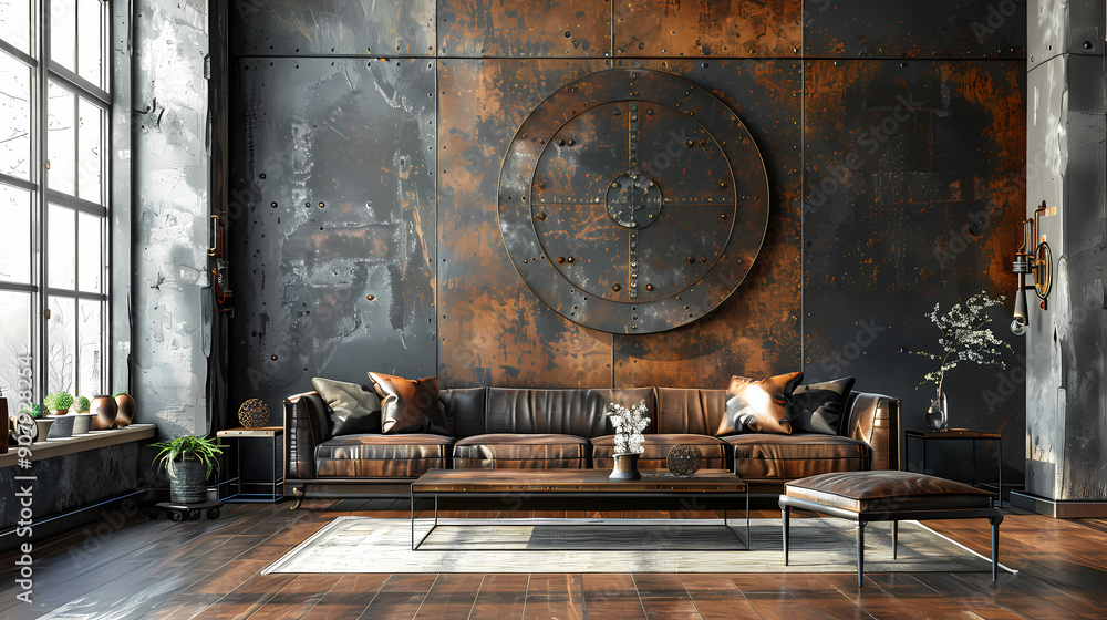 A modern living room with an industrial design aesthetic features a large leather sofa, a metal coffee table and a metal ottoman. The room has a large window with natural light and a metal wall with a A modern living room with an industrial design aesthetic features a large leather sofa, a metal coffee table and a metal ottoman. The room has a large window with natural light and a metal wall with a