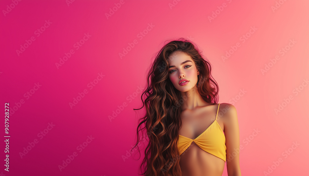 Portrait of an attractive young woman with dark hair, wearing yellow isolated on an pink background, shot in a studio. Portrait of an attractive young woman with dark hair, wearing yellow isolated on an pink background, shot in a studio.