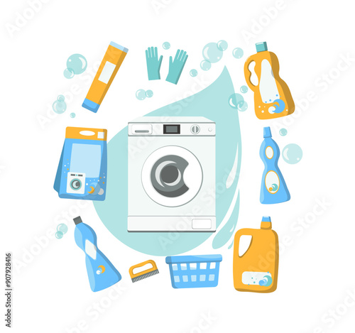 Washing machine. Laundry, household appliances. Washing home linen and set of cleaning products. Packages and bottles with household chemicals. Soap foam, bubbles, drops. The background isolated.