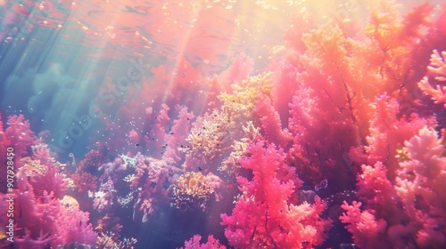 Sunlit coral reef underwater, orange and magenta hues, vibrant.