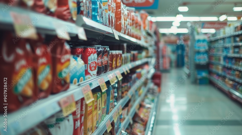 Supermarket aisle with product shelves. Supermarket aisle with product shelves.