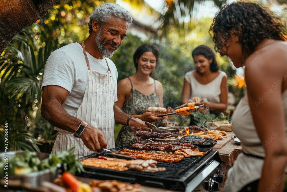 Multi generation family grilling outside on backyard in summer during garden party, Generative AI Multi generation family grilling outside on backyard in summer during garden party, Generative AI