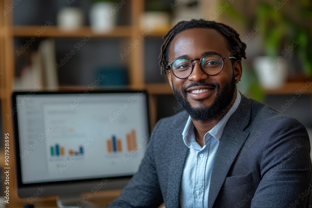 Confident businessman giving online presentation from office, Generative AI Confident businessman giving online presentation from office, Generative AI