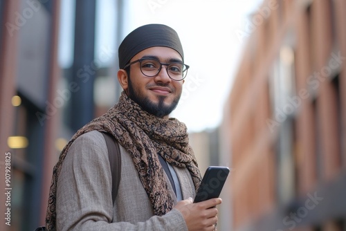 Close-up portrait of a young Muslim man standing outside an office center, university campus, holding a phone and looking away with a smile, Generative AI