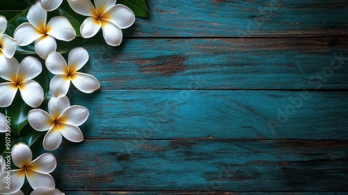 Tropical Elegance: Plumeria on Wooden Surface photo