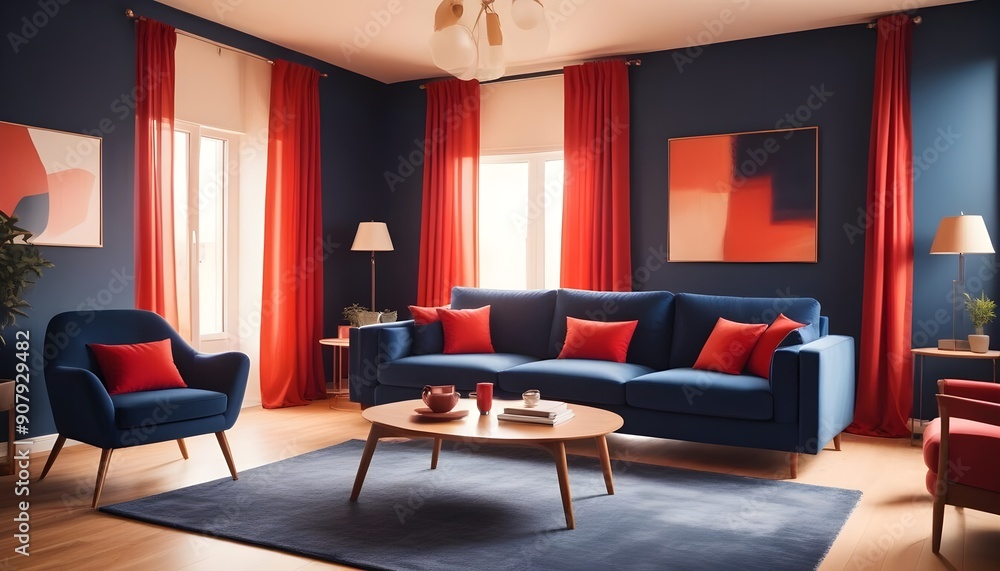 Interior design of a modern living room with blue sofas and a gray armchair Interior design of a modern living room with blue sofas and a gray armchair