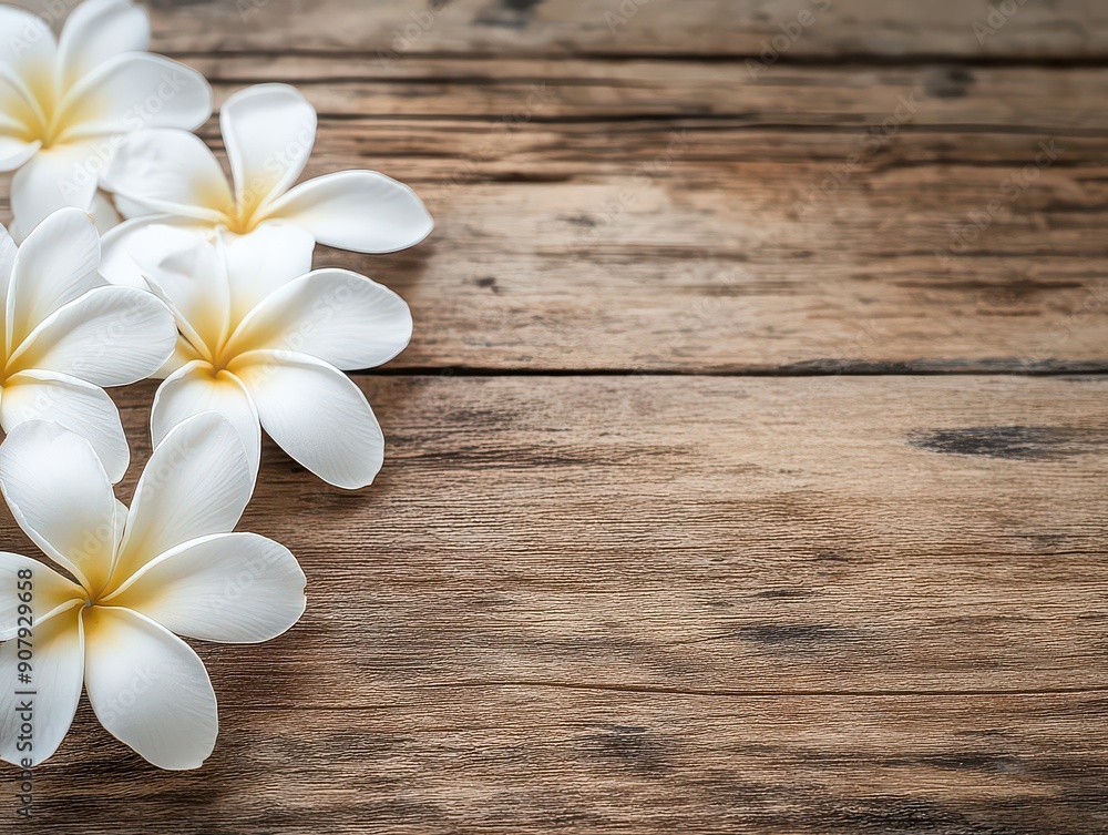 Tropical Elegance: Plumeria on Wooden Surface Tropical Elegance: Plumeria on Wooden Surface