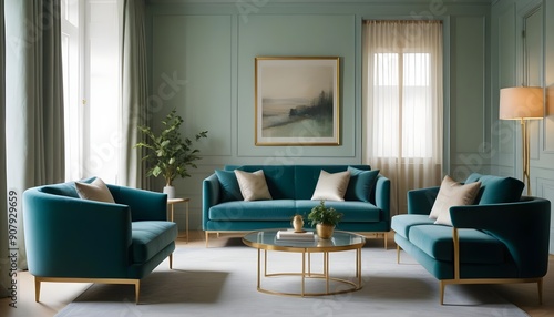 Wallpaper Mural Interior design of a modern living room with blue sofas and a gray armchair Torontodigital.ca