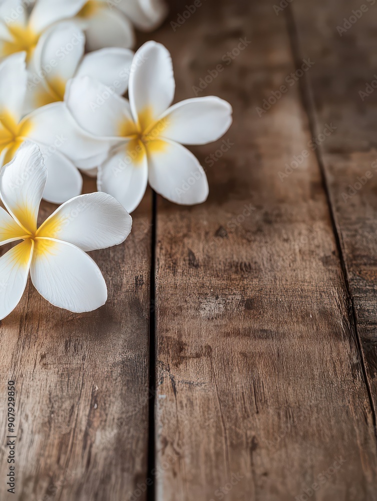 Tropical Elegance: Plumeria on Wooden Surface Tropical Elegance: Plumeria on Wooden Surface