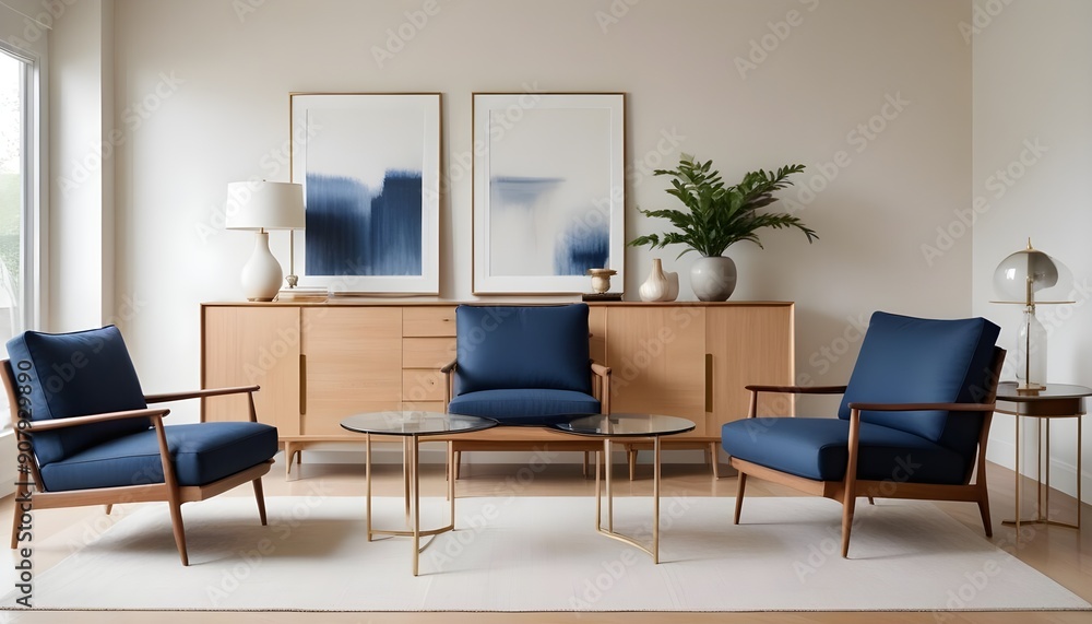 Fototapeta premium Interior design of a modern living room with blue armchairs, a beige sideboard over a white stucco wall, and contemporary dresser and coffee tables