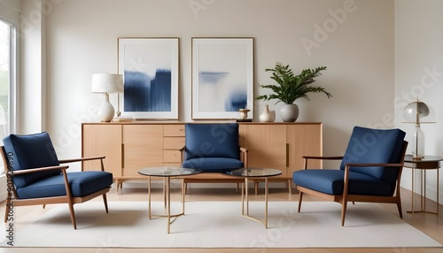 Interior design of a modern living room with blue armchairs, a beige sideboard over a white stucco wall, and contemporary dresser and coffee tables