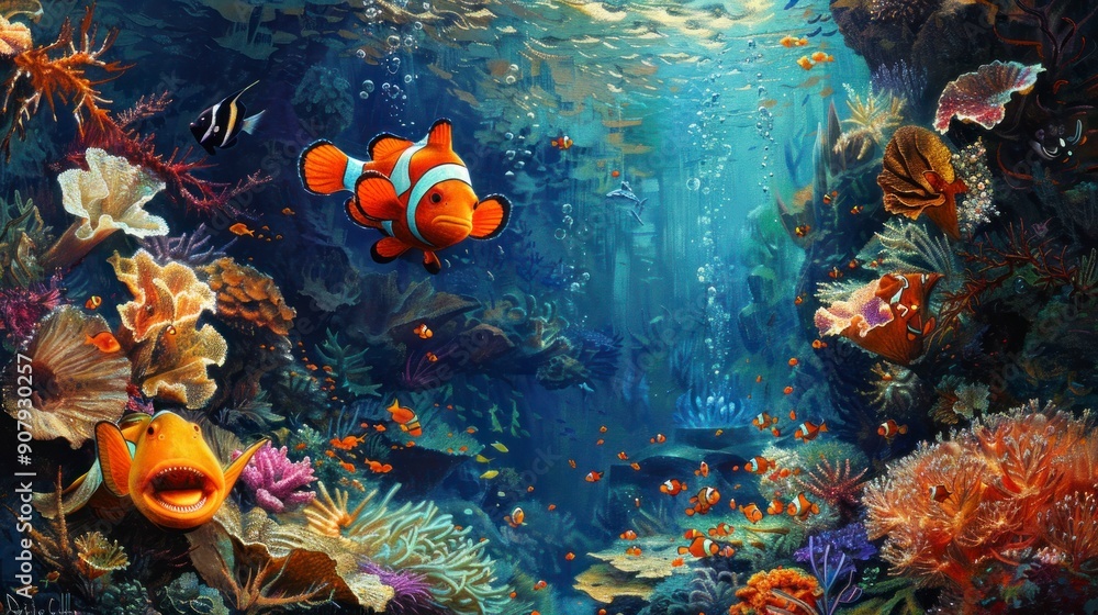 Fototapeta premium Underwater macro scene, clown fish, coral reef, diving view.