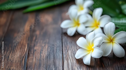 Tropical Elegance: Plumeria on Wooden Surface photo