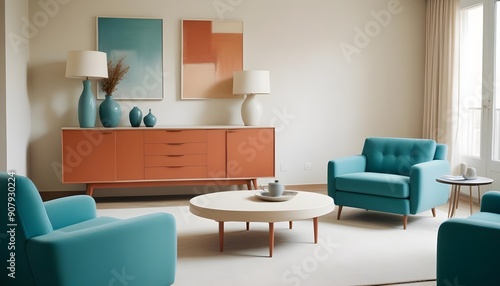 Interior design of a modern living room with blue armchairs, a beige sideboard over a white stucco wall, and contemporary dresser and coffee tables