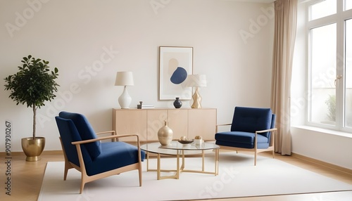 Wallpaper Mural Interior design of a modern living room with blue armchairs, a beige sideboard over a white stucco wall, and contemporary dresser and coffee tables Torontodigital.ca