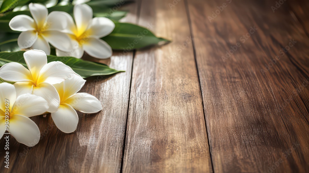 Tropical Elegance: Plumeria on Wooden Surface Tropical Elegance: Plumeria on Wooden Surface