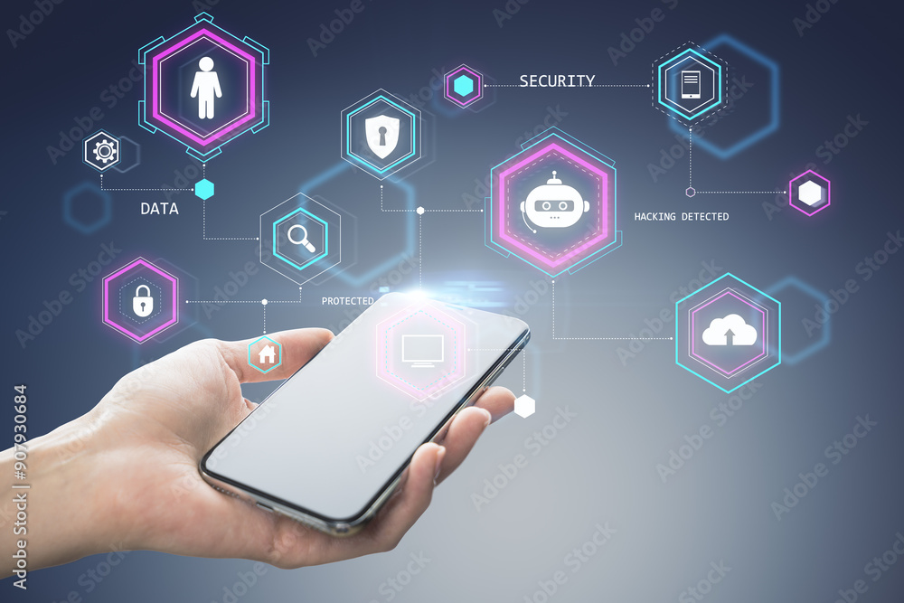 Hand holding smartphone displaying holographic icons representing security, data, and internet connections. Hand holding smartphone displaying holographic icons representing security, data, and internet connections.