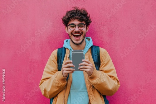 Young hispanic student celebrating victory and happy good news online, man reading page interent received notification and message, hold phone, use app win and good, Generative AI photo