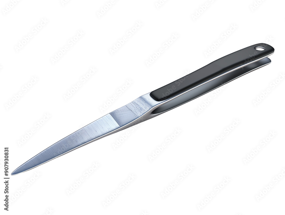 A sleek, modern letter opener with a polished stainless steel blade and an ergonomic black handle, isolated on a white background. A sleek, modern letter opener with a polished stainless steel blade and an ergonomic black handle, isolated on a white background.