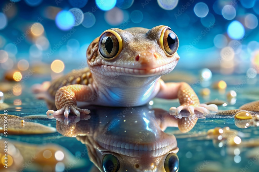 Adorable, realistically rendered gecko emerges from crystal-clear water, its tiny scales and toes intricately detailed, gazing upwards with curious, shimmering eyes. Adorable, realistically rendered gecko emerges from crystal-clear water, its tiny scales and toes intricately detailed, gazing upwards with curious, shimmering eyes.