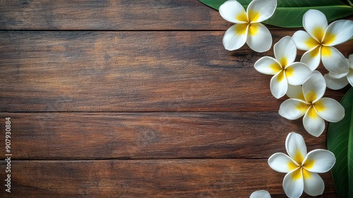 Tropical Elegance: Plumeria on Wooden Surface photo