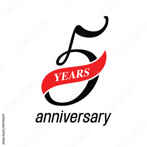 5 years anniversary vector icon, symbol, logo. Graphic background or card with neon number for 5th anniversary birthday celebration