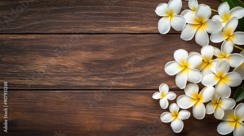 Tropical Elegance: Plumeria on Wooden Surface photo