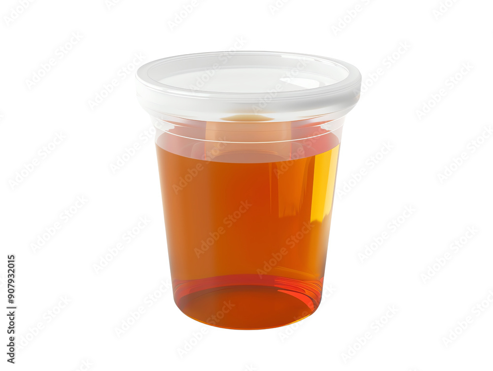 Plastic sample container filled with transparent amber liquid, sealed with a white lid, isolated on white background. Plastic sample container filled with transparent amber liquid, sealed with a white lid, isolated on white background.