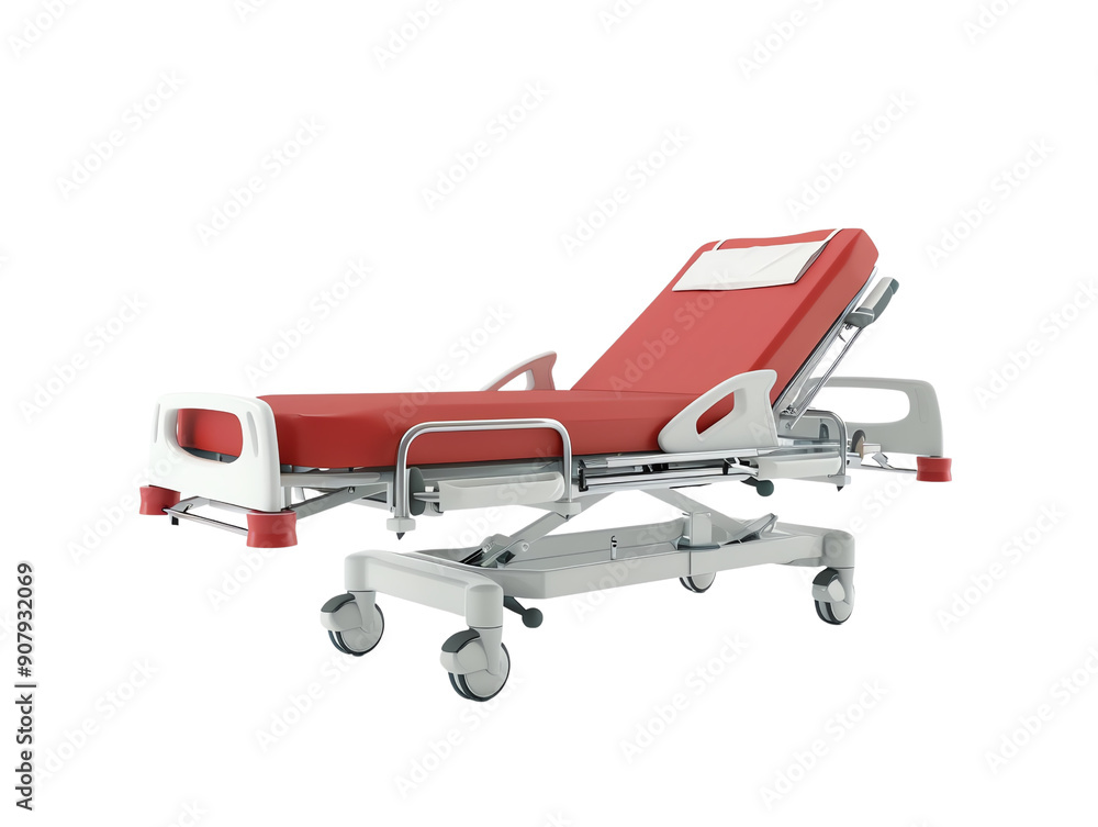 Modern hospital bed in red with adjustable features and wheels, designed for patient comfort and easy mobility in medical settings. Modern hospital bed in red with adjustable features and wheels, designed for patient comfort and easy mobility in medical settings.