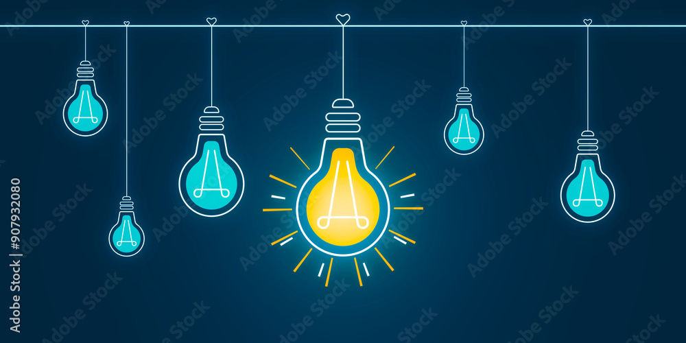 Bright lightbulbs hanging on strings against a dark background. 3D Rendering Bright lightbulbs hanging on strings against a dark background. 3D Rendering
