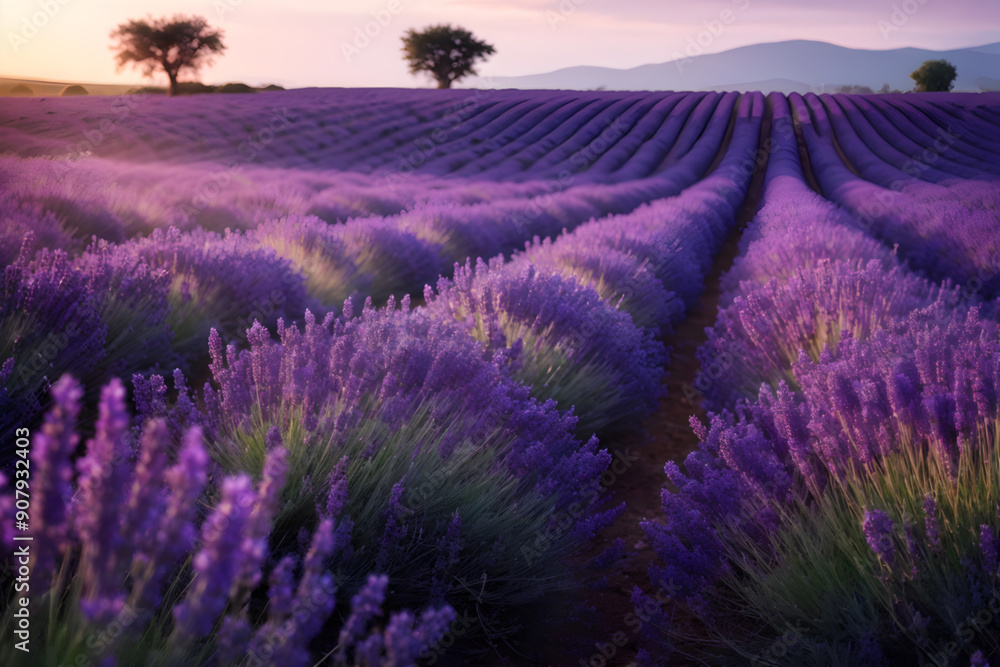 Fototapeta premium Serene lavender fields at dawn, with rows of purple blooms under a pastel sunrise sky.