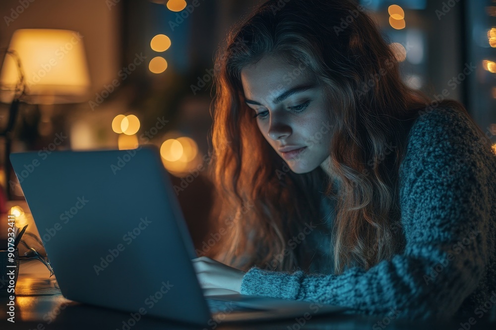 Beautiful university student is writing her thesis on a laptop at night, sitting at home at table, focusing on her research. Preparing for final exam, Generative AI Beautiful university student is writing her thesis on a laptop at night, sitting at home at table, focusing on her research. Preparing for final exam, Generative AI