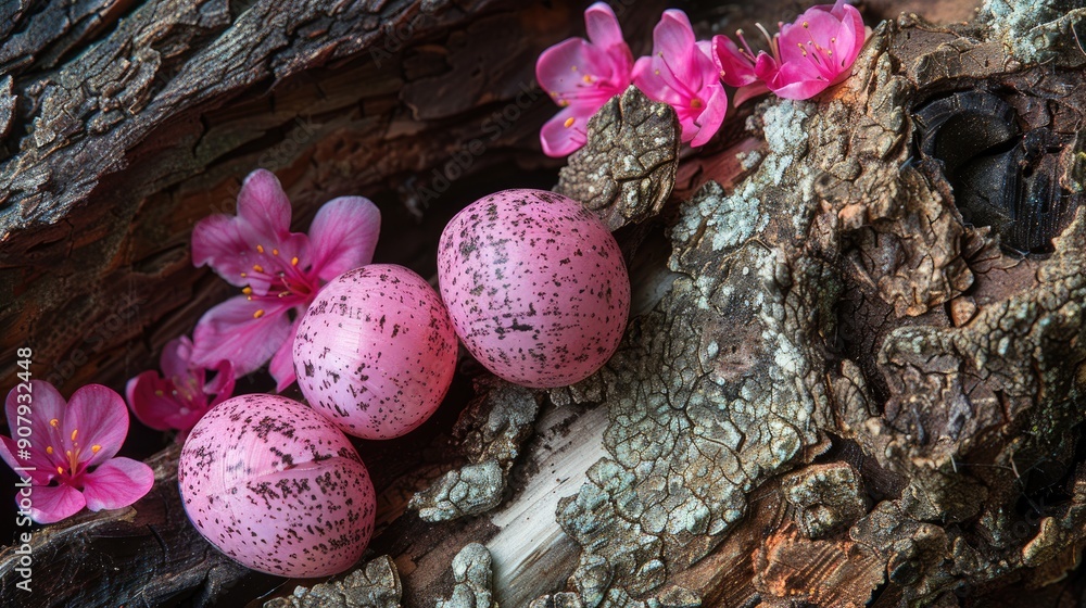 Obraz premium Eggs of golden apple snail in pink color on dry tree trunk