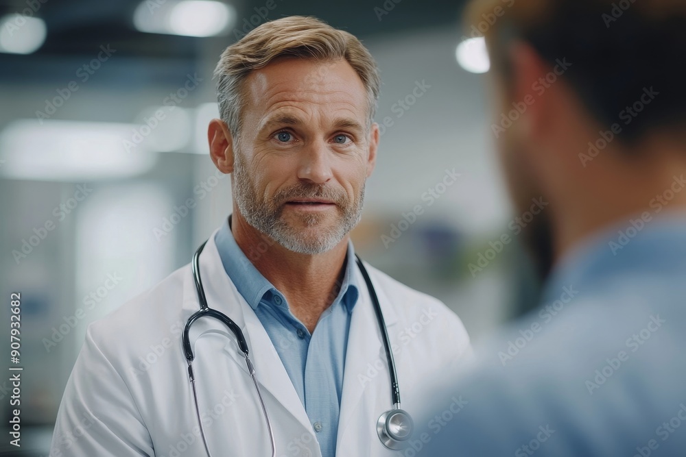 Doctor talking with worried patient, emotional support before surgery. Friendly male doctor reassuring the patient, Generative AI Doctor talking with worried patient, emotional support before surgery. Friendly male doctor reassuring the patient, Generative AI
