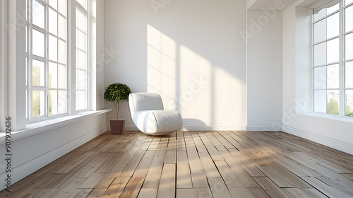 Wallpaper Mural A minimalist living room with a single white chair facing a window, sunbeams stream in, the light wooden floorboards and white walls create a calming atmosphere. Torontodigital.ca