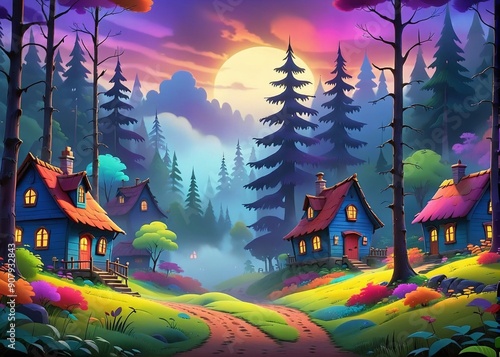 Night misty forest with fabulous houses in it