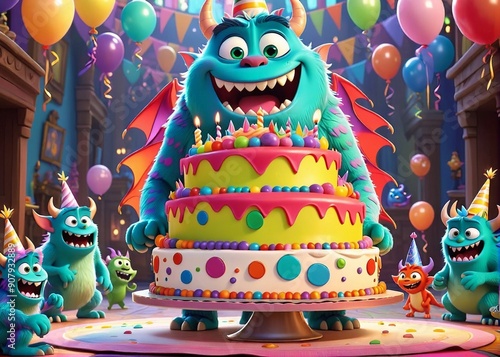 Funny birthday card with monsters