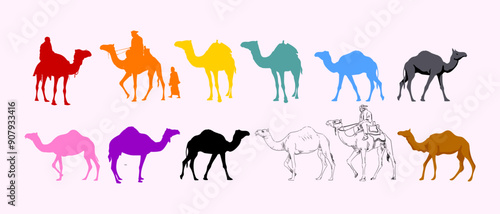 Set of silhouettes camel animal icon character vector illustration. Flat style isolated on white background.
