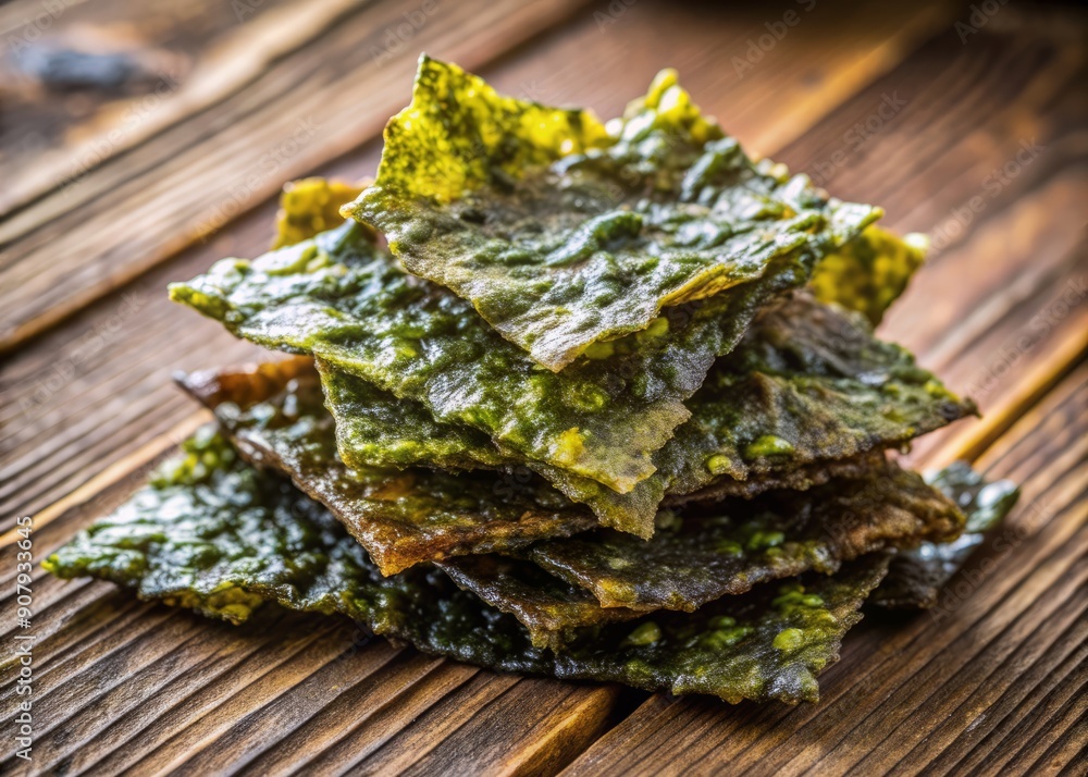 Delicious crispy dried nori seaweed chips, a healthy sustainable superfood, scattered on a rustic wooden table, showcasing organic natural edible algae goodness. Delicious crispy dried nori seaweed chips, a healthy sustainable superfood, scattered on a rustic wooden table, showcasing organic natural edible algae goodness.