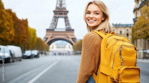 Fototapeta Naklejka Na Ścianę i Meble -  A beautiful blonde woman with a backpack standing on the streets of Europe,the Eiffel Tower in the background, copy space  