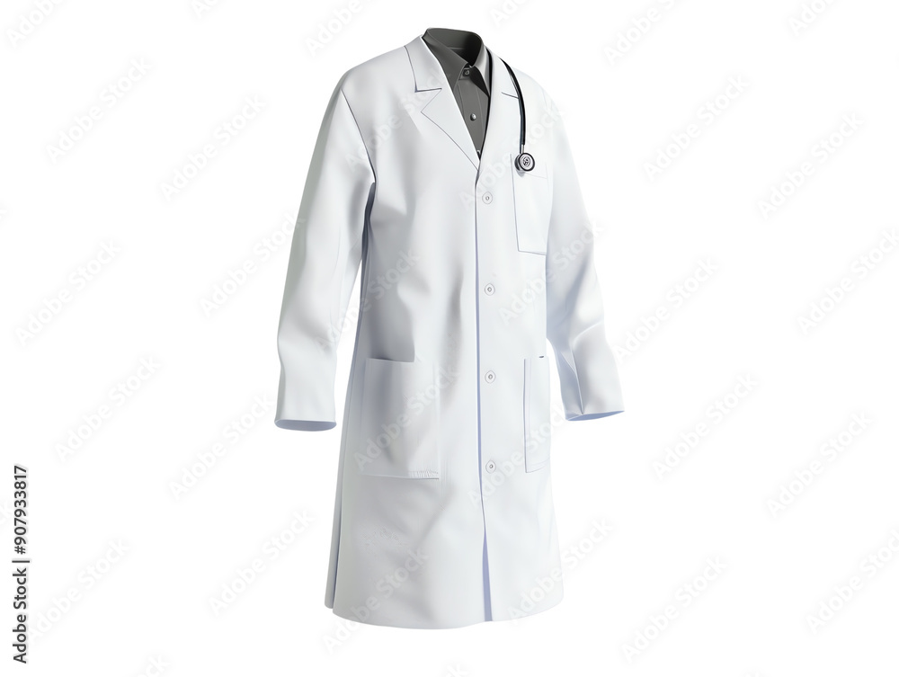 White doctor lab coat with stethoscope on mannequin. Medical professional attire, healthcare uniform, isolated on white background. White doctor lab coat with stethoscope on mannequin. Medical professional attire, healthcare uniform, isolated on white background.