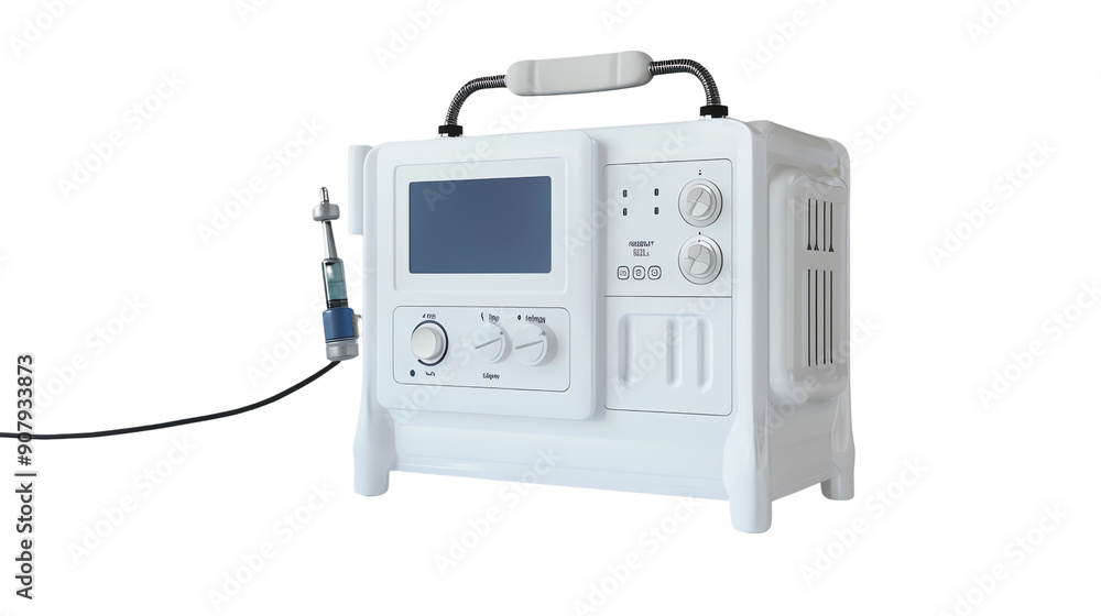 Modern digital medical device with a screen and control knobs, used for healthcare purposes. Isolated on a white background. Modern digital medical device with a screen and control knobs, used for healthcare purposes. Isolated on a white background.