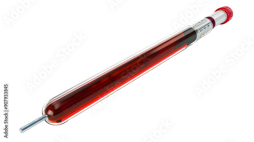 Close-up of a glass hydrometer with red liquid. Used for measuring liquid density in brewing, winemaking, and scientific research.