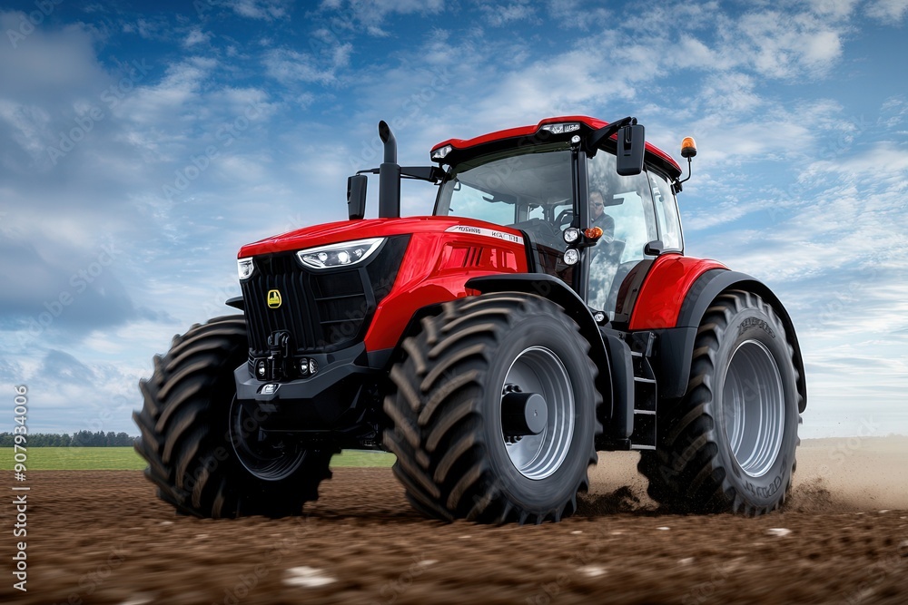 new tractor in the soft background, working in a field and driving at a farm site in summer. new tractor in the soft background, working in a field and driving at a farm site in summer.