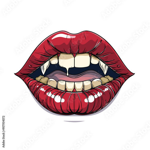 Red glossy vampiric lips revealing sharp fangs drool. Cartoonish, seductive, menacing display fantasy, gothic, horror genres. Detailed digital artwork, bright colors, isolated white background