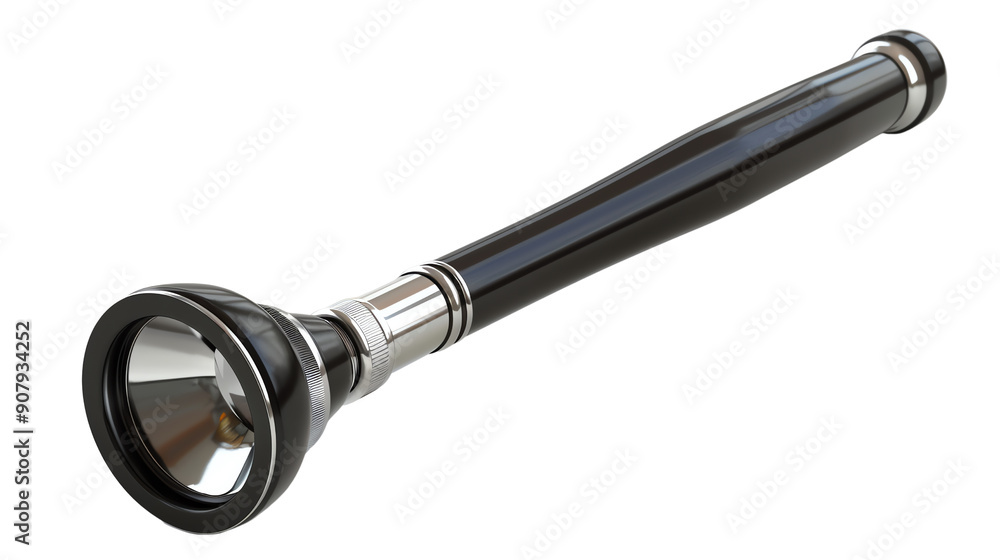 High-quality image of a sleek black flashlight isolated on a white background, showcasing its detailed design and metallic accents. High-quality image of a sleek black flashlight isolated on a white background, showcasing its detailed design and metallic accents.