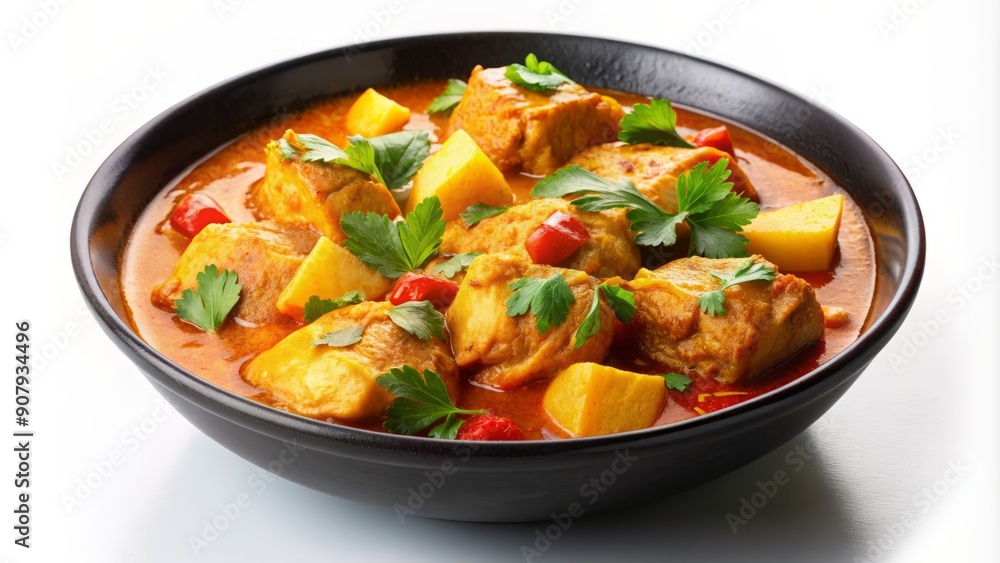 Vibrant and aromatic homemade chicken curry with tender potatoes and creamy coconut milk, artistically arranged in a sleek black bowl on a pristine white background. Vibrant and aromatic homemade chicken curry with tender potatoes and creamy coconut milk, artistically arranged in a sleek black bowl on a pristine white background.