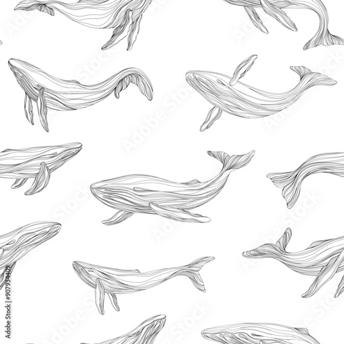 Seamless pattern with hand drawn whales. Abstract  illustration in sketch style.