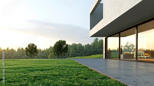 Modern house exterior day light with lawn grass.