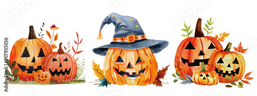 Charming illustration of smiling Halloween pumpkins lined up with a witch's hat, surrounded by autumn foliage, against a white background. Festive Halloween Pumpkins and Witch Hat Illustration

